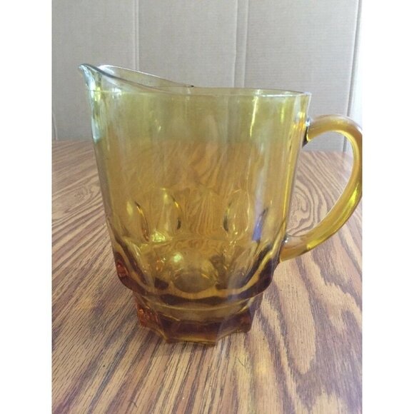 Vintage Glass Pitcher Amber 7” Mid Century Modern 1 1/2 Quarts Large Thumbprint - Picture 3 of 11